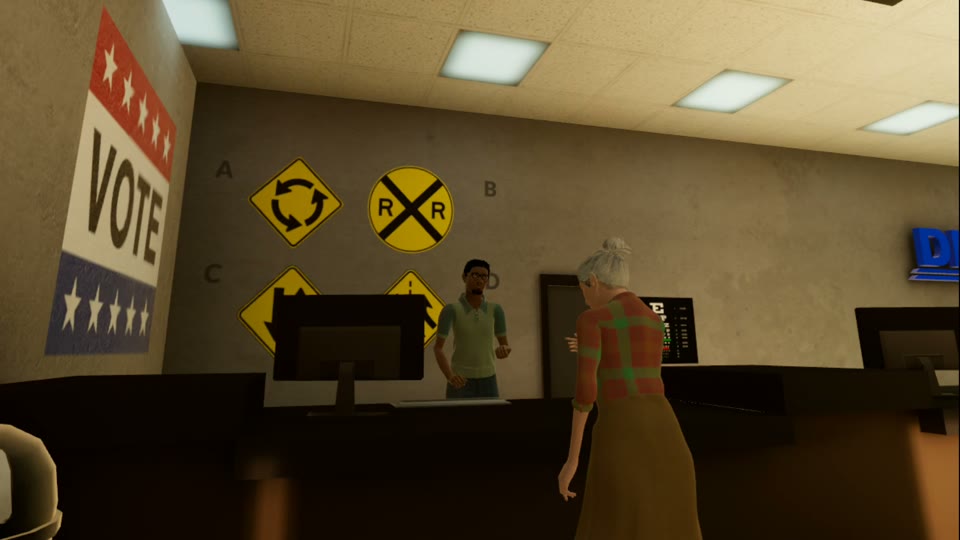 Timewalk scene showing characters in a DMV environment